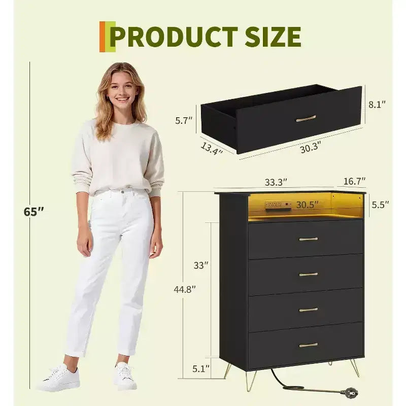 Commode avec station de recharge, commode haute 4 tiroirs en bois, grand meuble de rangement pour chambre, salon ou placard