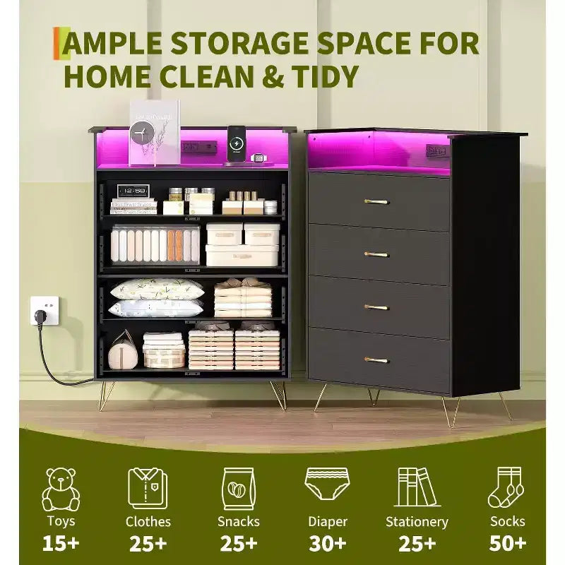 Commode avec station de recharge, commode haute 4 tiroirs en bois, grand meuble de rangement pour chambre, salon ou placard