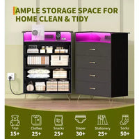 Commode avec station de recharge, commode haute 4 tiroirs en bois, grand meuble de rangement pour chambre, salon ou placard