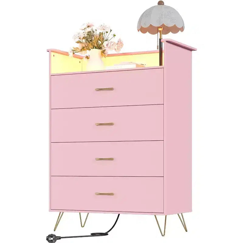 Commode avec station de recharge, commode haute 4 tiroirs en bois, grand meuble de rangement pour chambre, salon ou placard