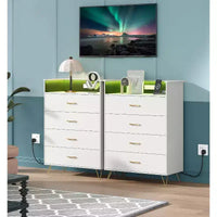 Commode avec station de recharge, commode haute 4 tiroirs en bois, grand meuble de rangement pour chambre, salon ou placard