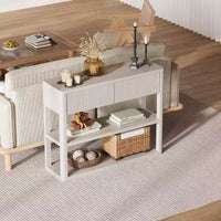Console étroite de 88 cm de haut - Table d'entrée cannelée avec 2 tiroirs, 3 étagères, table de canapé en bois pour salon, couloir, hall d'entrée, entrée étroite