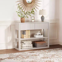 Console étroite de 88 cm de haut - Table d'entrée cannelée avec 2 tiroirs, 3 étagères, table de canapé en bois pour salon, couloir, hall d'entrée, entrée étroite
