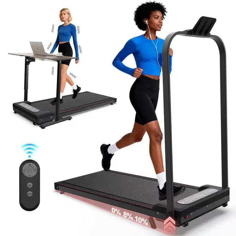 Tapis roulant pliable Whisen 2 en 1 amélioré, équipement d'exercice à domicile, tapis de marche sous le bureau avec barre de maintien et inclinaison