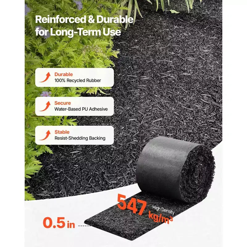 VEVOR Rouleau de tapis de paillis en caoutchouc, 2 rouleaux 140 x 4,5 po, bordure de paillis permanente en caoutchouc recyclé, barrière à fleurs à aspect naturel avec piquets, noir