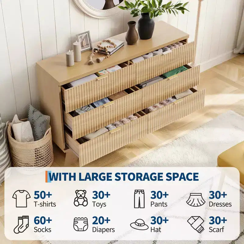 Solution de Rangement Spacieuse - Commode 6 Tiroirs pour Chambre - Large Buffet Cannulé avec Poignées Dorées - Organisateur Moderne & Meuble TV - Chêne Naturel