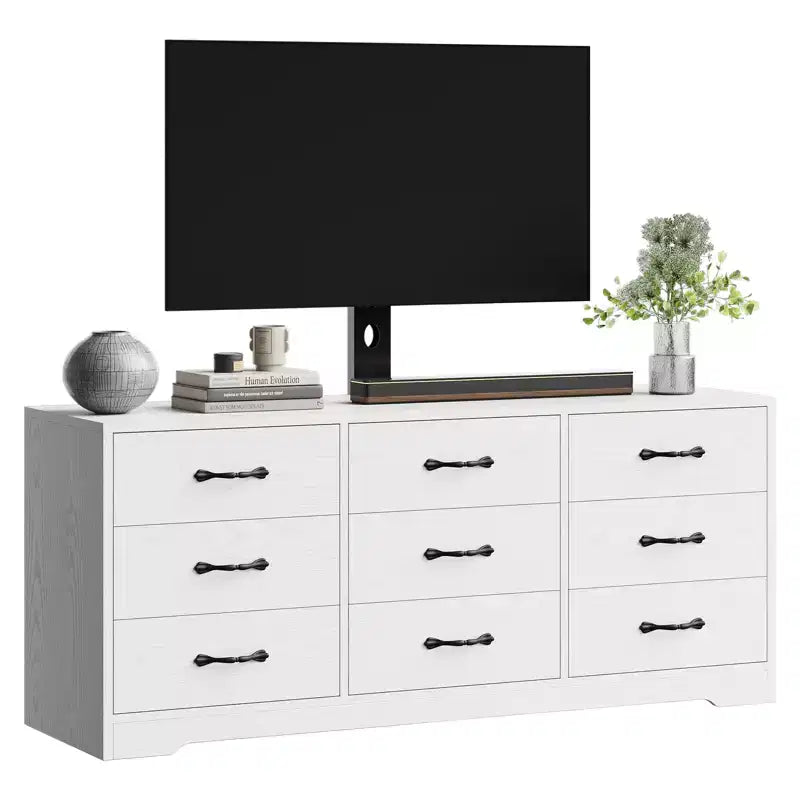 Meuble TV commode moderne 9 tiroirs - meuble multimédia en bois noir avec support réglable, commode de rangement spacieuse pour TV 32-85 pouces