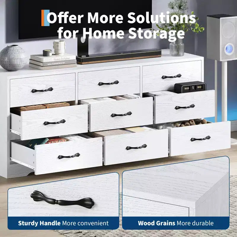 Meuble TV commode moderne 9 tiroirs - meuble multimédia en bois noir avec support réglable, commode de rangement spacieuse pour TV 32-85 pouces