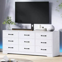 Meuble TV commode moderne 9 tiroirs - meuble multimédia en bois noir avec support réglable, commode de rangement spacieuse pour TV 32-85 pouces