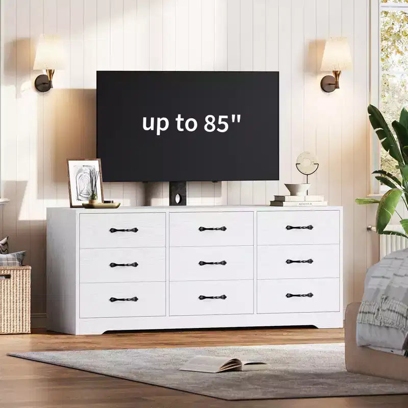Meuble TV commode moderne 9 tiroirs - meuble multimédia en bois noir avec support réglable, commode de rangement spacieuse pour TV 32-85 pouces