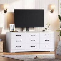 Meuble TV commode moderne 9 tiroirs - meuble multimédia en bois noir avec support réglable, commode de rangement spacieuse pour TV 32-85 pouces