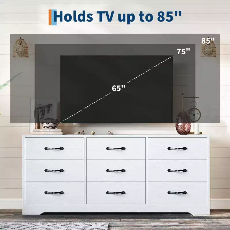 Meuble TV commode moderne 9 tiroirs - meuble multimédia en bois noir avec support réglable, commode de rangement spacieuse pour TV 32-85 pouces