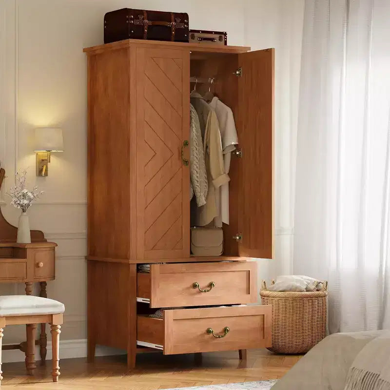 Armoire-penderie haute spacieuse 71 po en forme de V, 2 portes et tiroirs, tringle, grand meuble de rangement autoportant, brun
