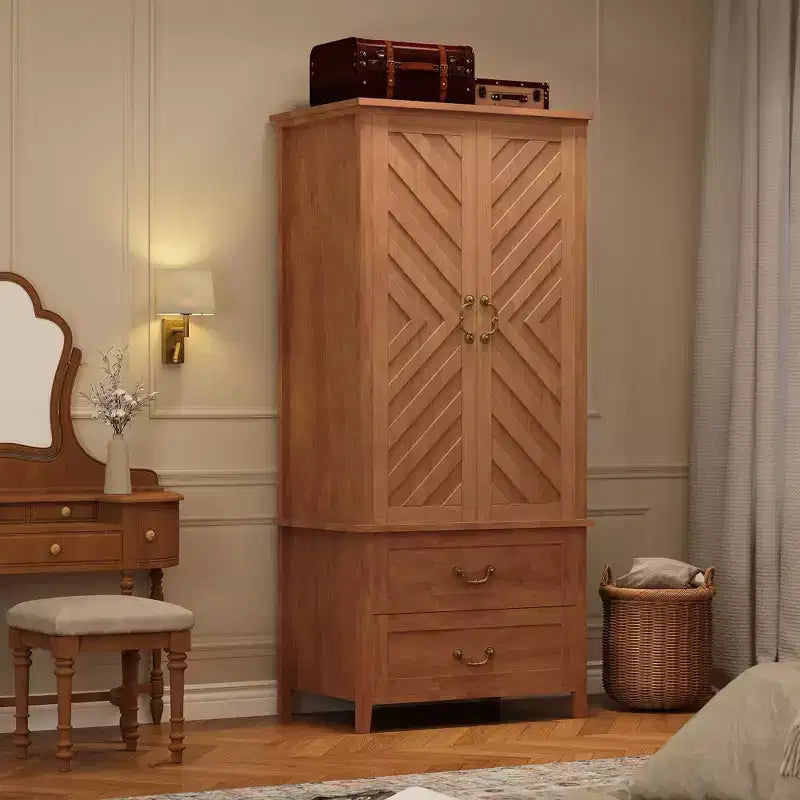 Armoire-penderie haute spacieuse 71 po en forme de V, 2 portes et tiroirs, tringle, grand meuble de rangement autoportant, brun