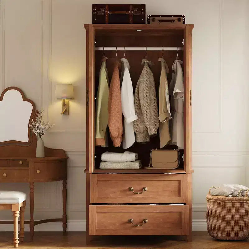 Armoire-penderie haute spacieuse 71 po en forme de V, 2 portes et tiroirs, tringle, grand meuble de rangement autoportant, brun