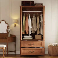 Armoire-penderie haute spacieuse 71 po en forme de V, 2 portes et tiroirs, tringle, grand meuble de rangement autoportant, brun