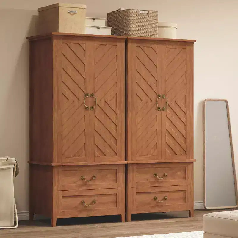 Armoire-penderie haute spacieuse 71 po en forme de V, 2 portes et tiroirs, tringle, grand meuble de rangement autoportant, brun