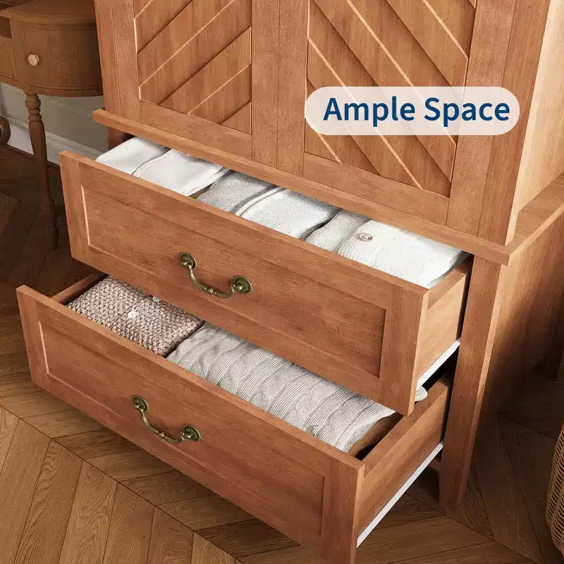 Armoire-penderie haute spacieuse 71 po en forme de V, 2 portes et tiroirs, tringle, grand meuble de rangement autoportant, brun