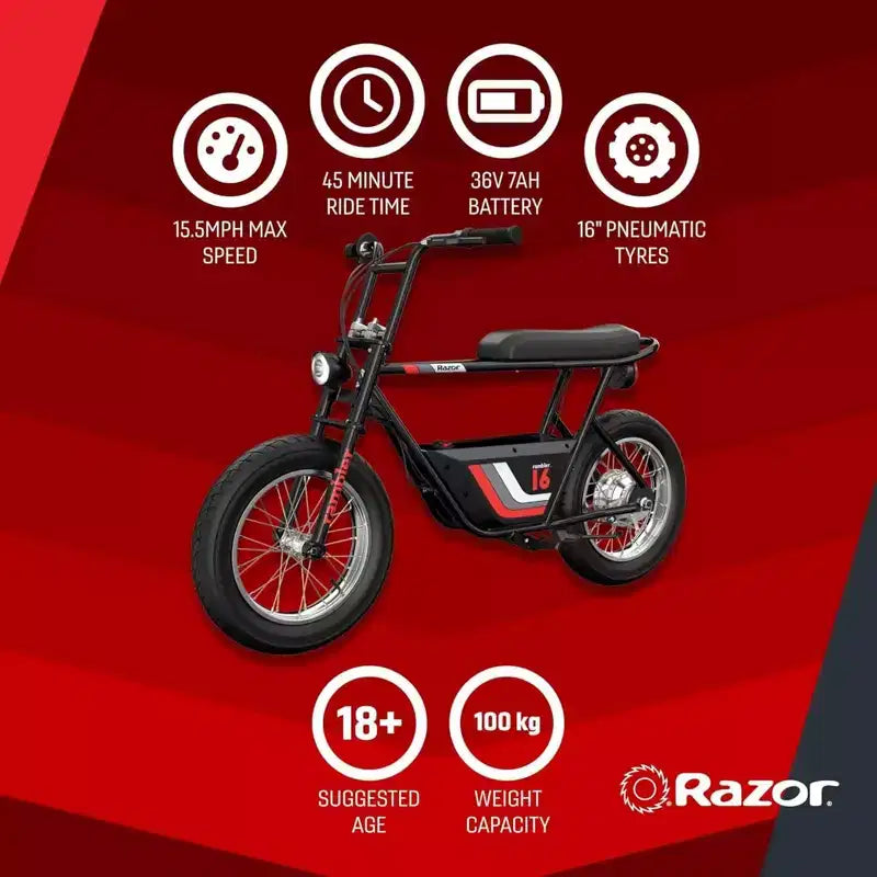 Mini-moto électrique Rétro Razor Rambler 16 avec moteur 350W et batterie 36V, noire
