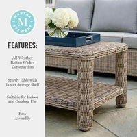 Table basse de patio intérieur-extérieur Martha Stewart Lily Pond avec étagère de rangement inférieure en osier de rotin gris patiné