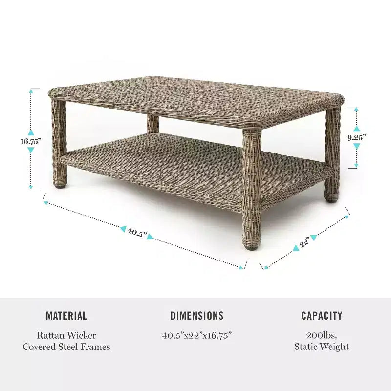 Table basse de patio intérieur-extérieur Martha Stewart Lily Pond avec étagère de rangement inférieure en osier de rotin gris patiné