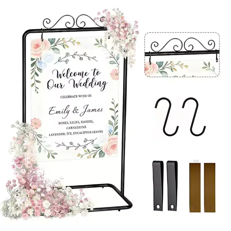 Support de panneau de bienvenue réglable - Porte-panneau en métal robuste pour mariage, anniversaire, fête, livre d'or, comprend 2 paires de sangles en cuir