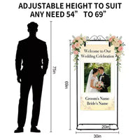 Support de panneau de bienvenue réglable - Porte-panneau en métal robuste pour mariage, anniversaire, fête, livre d'or, comprend 2 paires de sangles en cuir