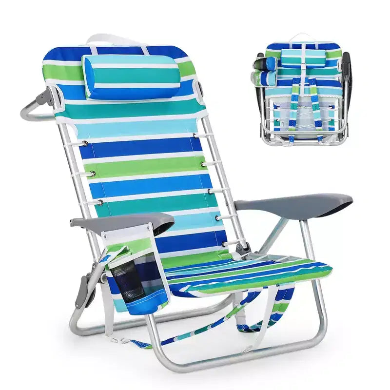 Chaise de plage sac à dos pour adultes, chaise de plage pliante légère et portable à plat avec 5 positions d'inclinaison, sangles de sac à dos, poche pour téléphone