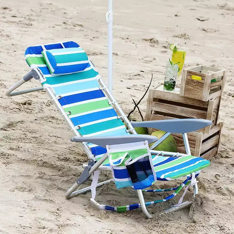 Chaise de plage sac à dos pour adultes, chaise de plage pliante légère et portable à plat avec 5 positions d'inclinaison, sangles de sac à dos, poche pour téléphone