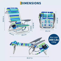 Chaise de plage sac à dos pour adultes, chaise de plage pliante légère et portable à plat avec 5 positions d'inclinaison, sangles de sac à dos, poche pour téléphone