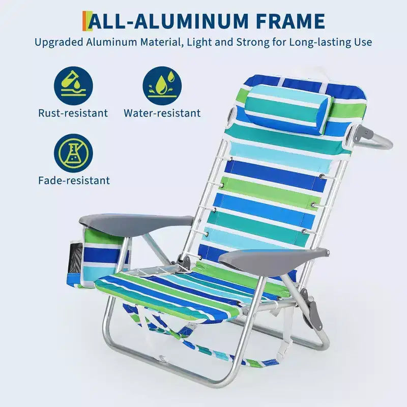 Chaise de plage sac à dos pour adultes, chaise de plage pliante légère et portable à plat avec 5 positions d'inclinaison, sangles de sac à dos, poche pour téléphone