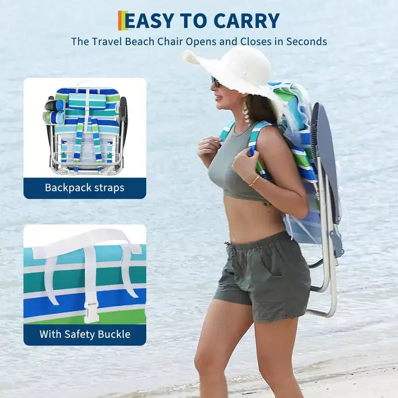 Chaise de plage sac à dos pour adultes, chaise de plage pliante légère et portable à plat avec 5 positions d'inclinaison, sangles de sac à dos, poche pour téléphone