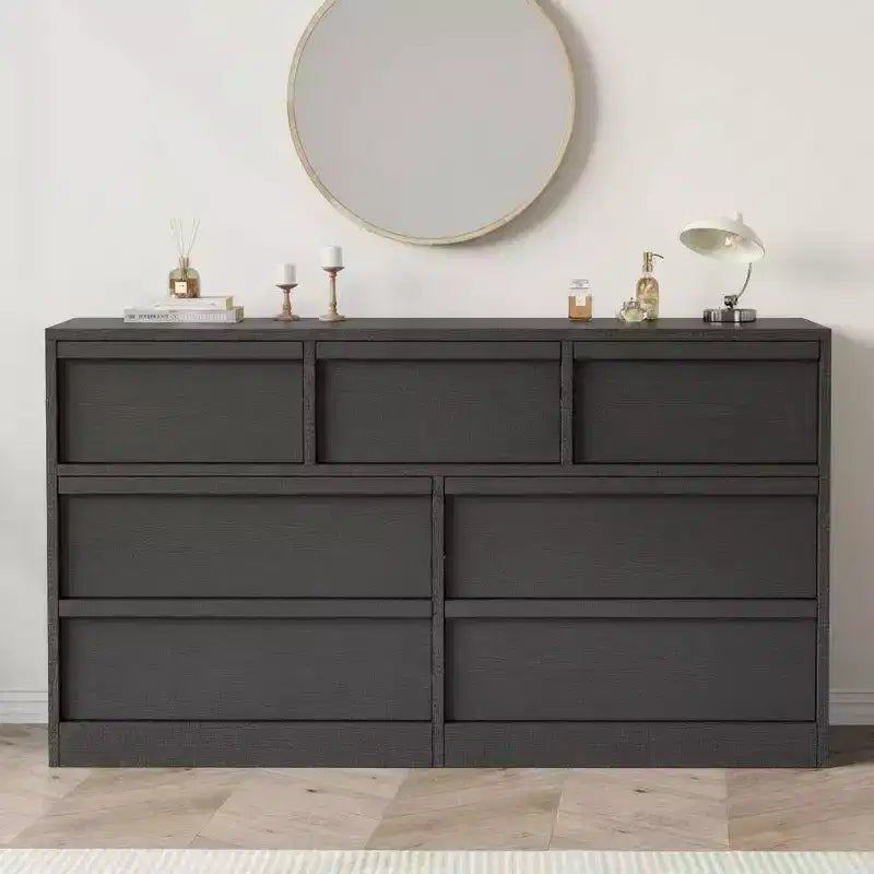 Commode à 7 tiroirs Acekool pour chambre à coucher, meuble de rangement en bois avec poignées concaves, organisateur moderne de commode, noir