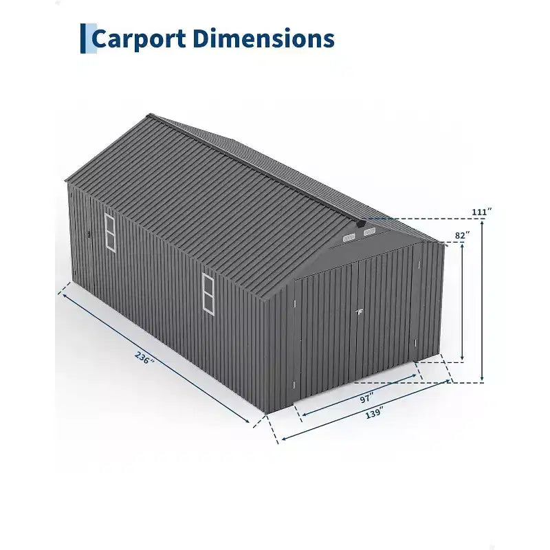 Carport métallique fermé 12x20 pi, toit en acier vertical, usage toutes saisons, abri de garage métallique