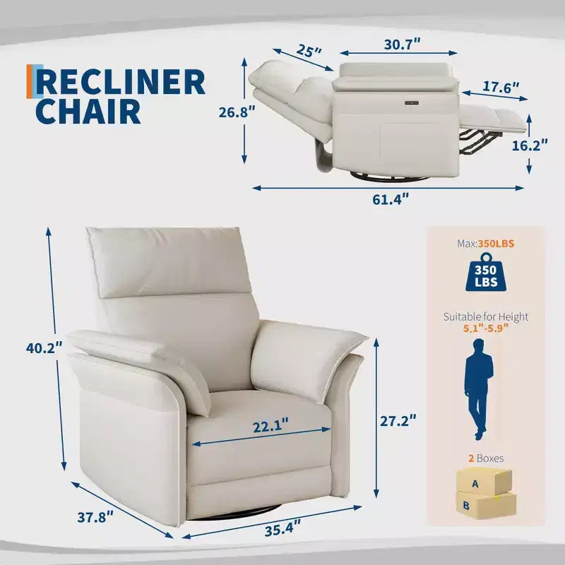 Fauteuil inclinable pivotant à bascule Acekool, fauteuil de relaxation en cuir PU avec assise profonde pour salon, chambre, chambre de bébé, blanc