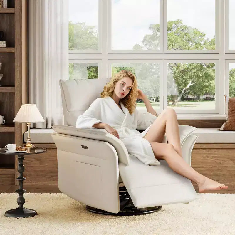 Fauteuil inclinable pivotant à bascule Acekool, fauteuil de relaxation en cuir PU avec assise profonde pour salon, chambre, chambre de bébé, blanc
