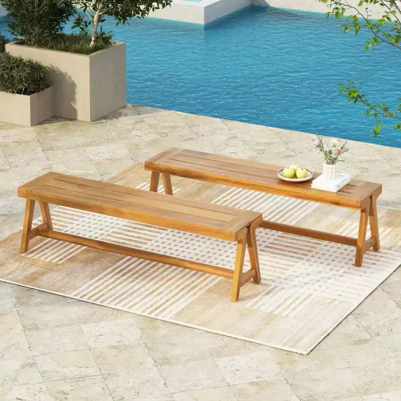 Lot de 2 bancs de salle à manger extérieurs, banc de patio en bois d'acacia, banc de jardin toutes saisons pour bord de piscine et repas extérieur - Panipeachy