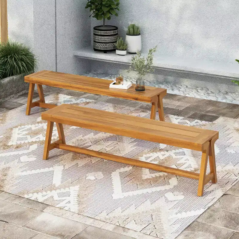 Lot de 2 bancs de salle à manger extérieurs, banc de patio en bois d'acacia, banc de jardin toutes saisons pour bord de piscine et repas extérieur - Panipeachy