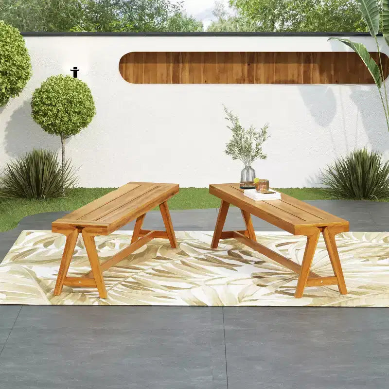 Lot de 2 bancs de salle à manger extérieurs, banc de patio en bois d'acacia, banc de jardin toutes saisons pour bord de piscine et repas extérieur - Panipeachy