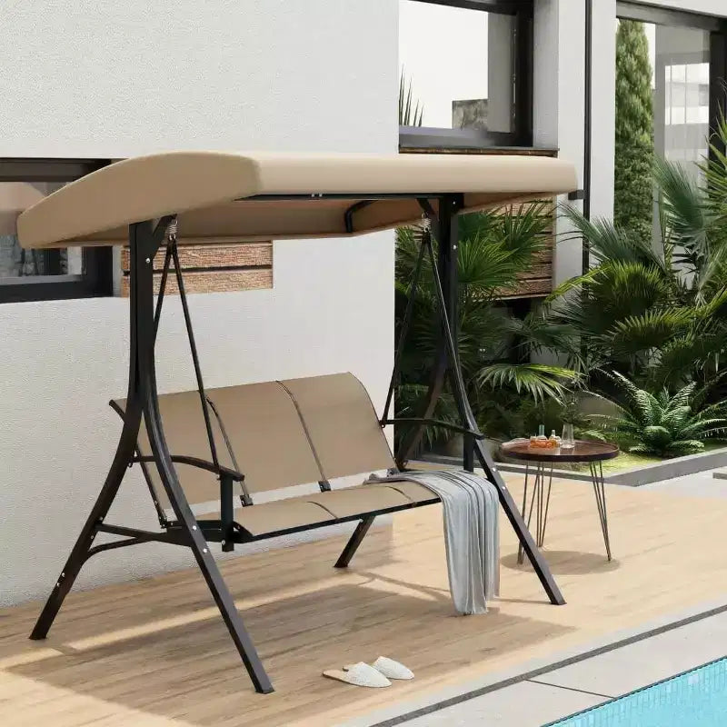 Balancelle de porche extérieure 3 places avec auvent réglable, cadre en acier robuste, capacité 600 lb, coussins résistants aux intempéries pour patio, jardin