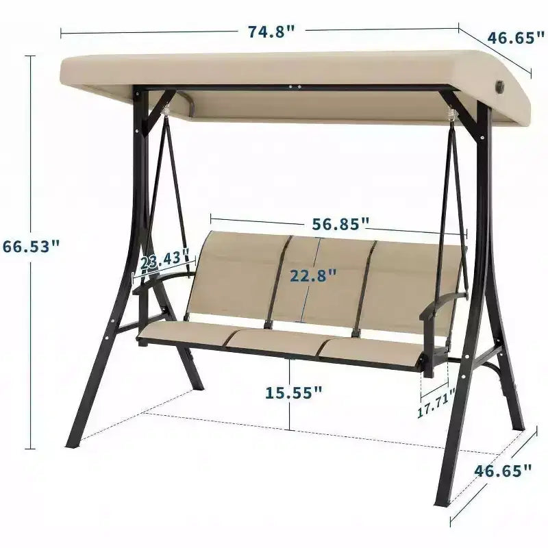 Balancelle de porche extérieure 3 places avec auvent réglable, cadre en acier robuste, capacité 600 lb, coussins résistants aux intempéries pour patio, jardin