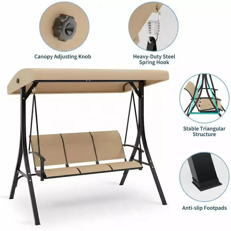 Balancelle de porche extérieure 3 places avec auvent réglable, cadre en acier robuste, capacité 600 lb, coussins résistants aux intempéries pour patio, jardin