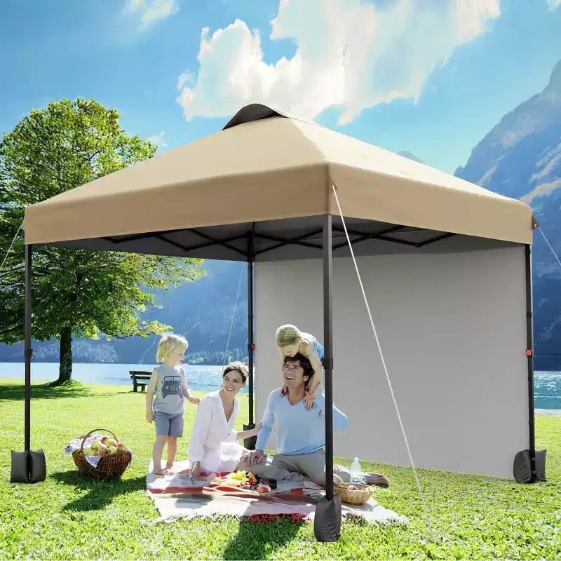 Tonnelle escamotable 3x3M avec protection solaire UPF 50+, paroi latérale amovible, toit ventilé, sac à roulettes, piquets pour patio extérieur, camping