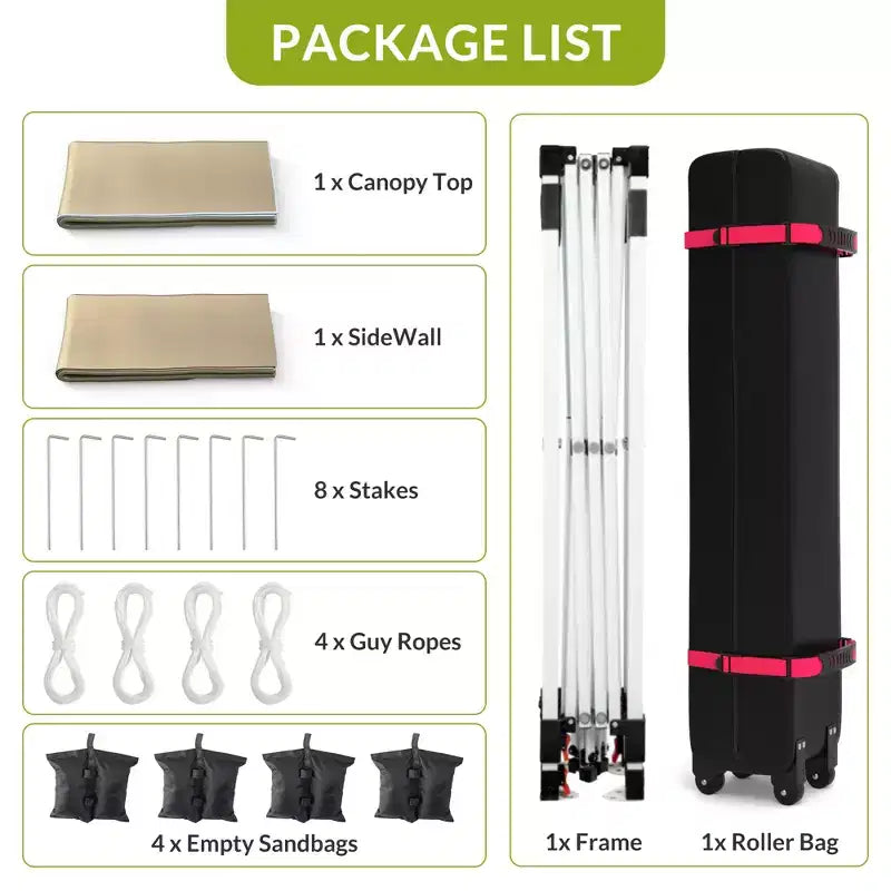 Tonnelle escamotable 3x3M avec protection solaire UPF 50+, paroi latérale amovible, toit ventilé, sac à roulettes, piquets pour patio extérieur, camping