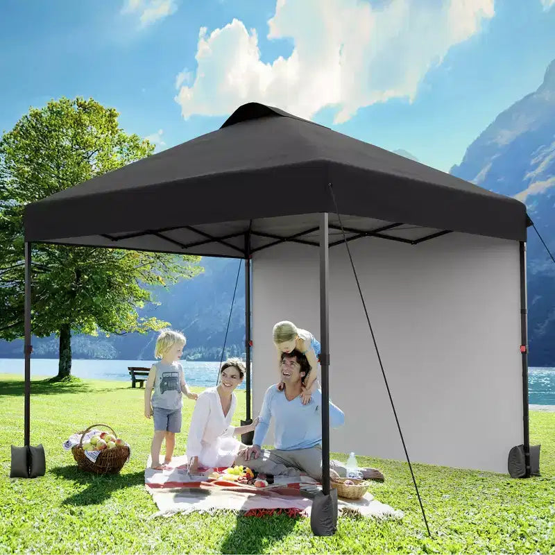 Tonnelle escamotable 3x3M avec protection solaire UPF 50+, paroi latérale amovible, toit ventilé, sac à roulettes, piquets pour patio extérieur, camping
