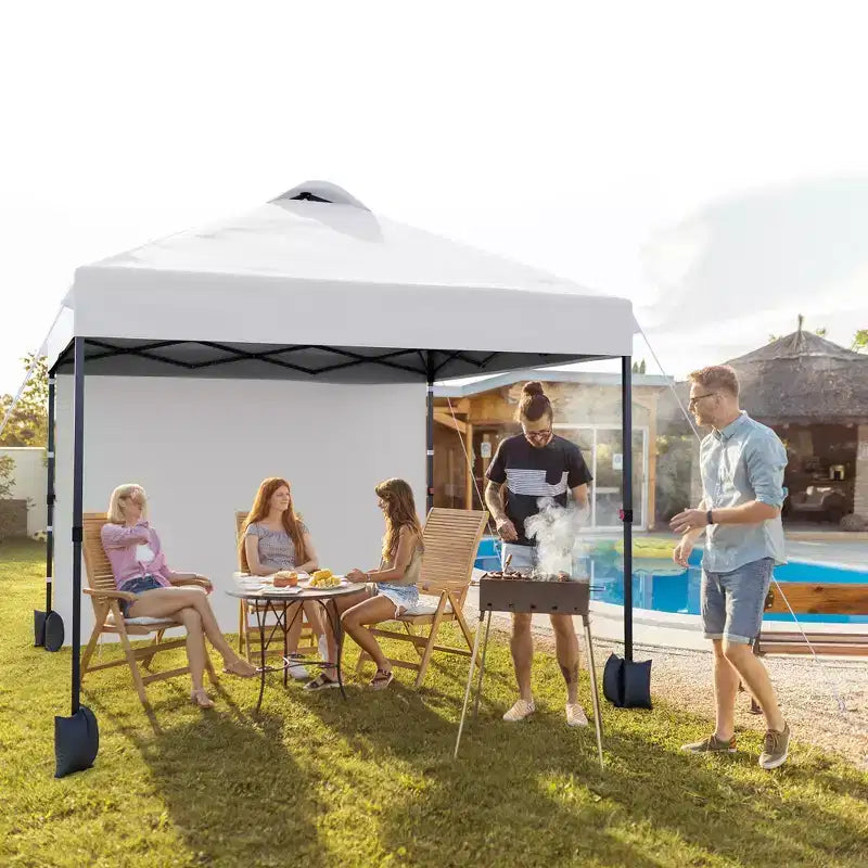 Tonnelle escamotable 3x3M avec protection solaire UPF 50+, paroi latérale amovible, toit ventilé, sac à roulettes, piquets pour patio extérieur, camping