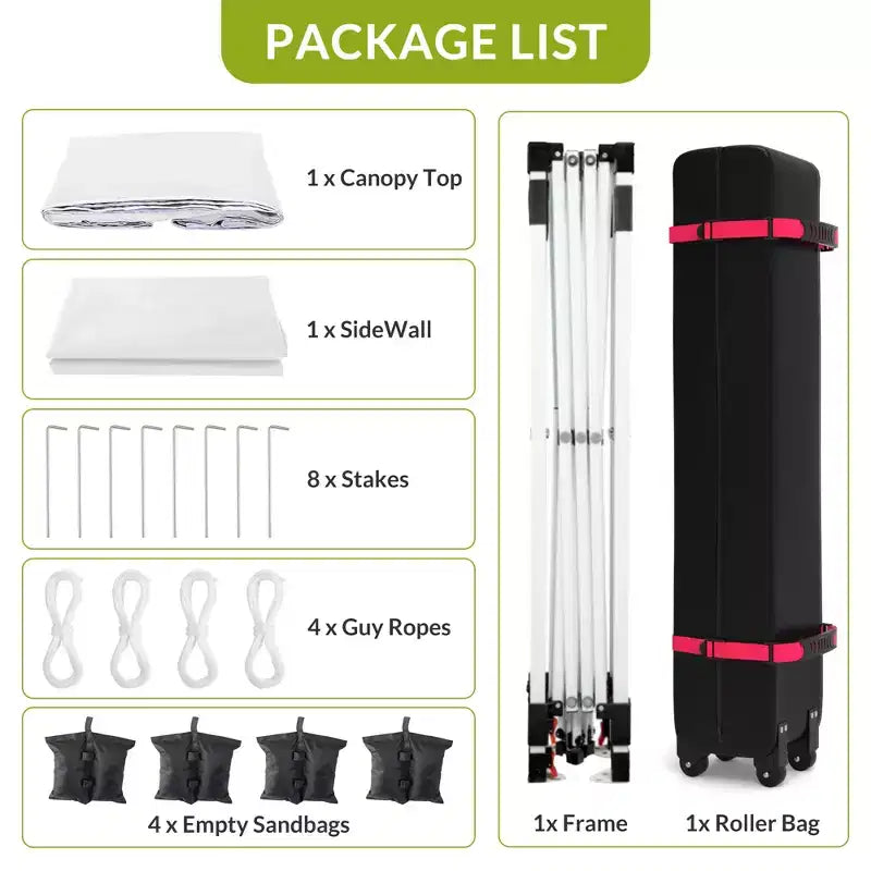 Tonnelle escamotable 3x3M avec protection solaire UPF 50+, paroi latérale amovible, toit ventilé, sac à roulettes, piquets pour patio extérieur, camping