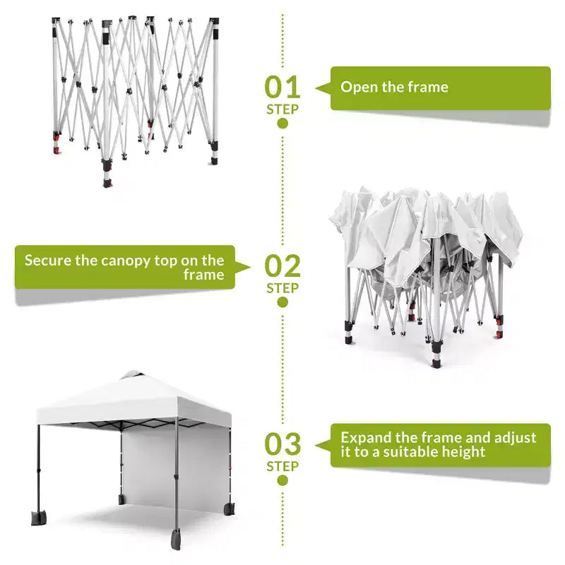 Tonnelle escamotable 3x3M avec protection solaire UPF 50+, paroi latérale amovible, toit ventilé, sac à roulettes, piquets pour patio extérieur, camping