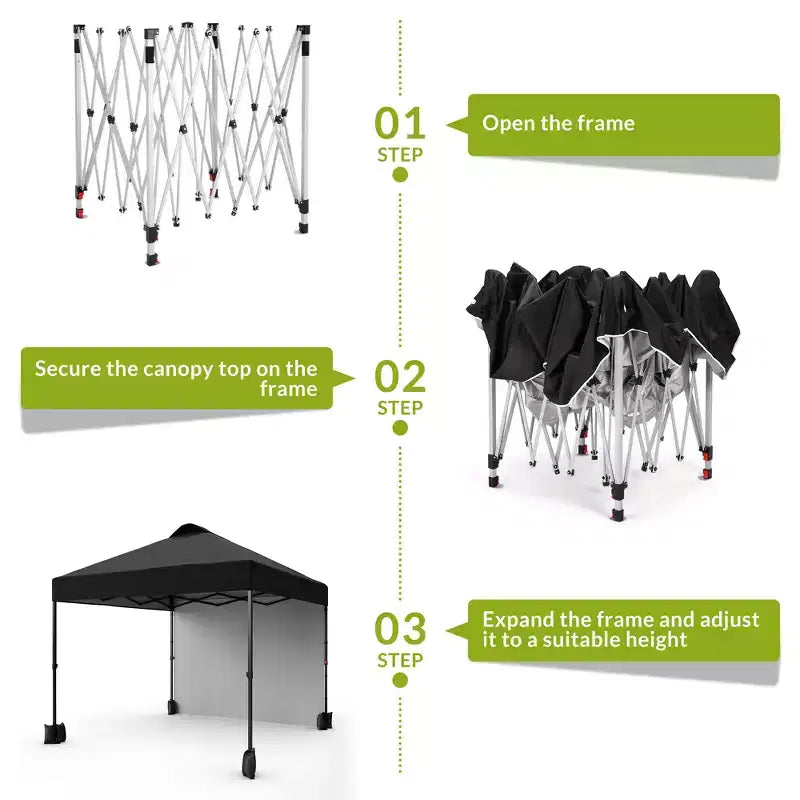 Tonnelle escamotable 3x3M avec protection solaire UPF 50+, paroi latérale amovible, toit ventilé, sac à roulettes, piquets pour patio extérieur, camping