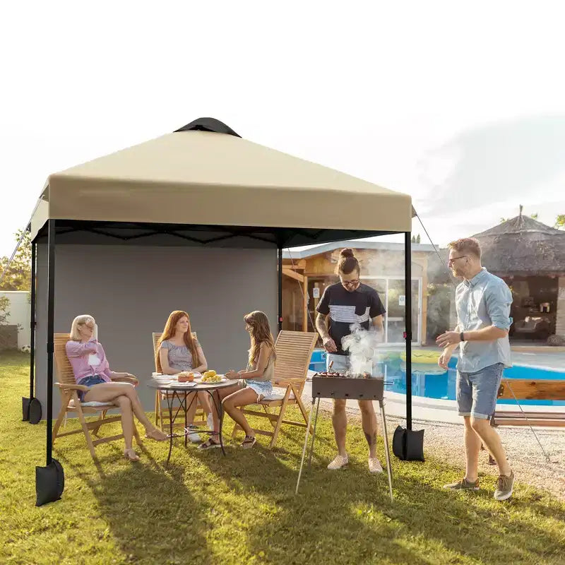 Tonnelle escamotable 3x3M avec protection solaire UPF 50+, paroi latérale amovible, toit ventilé, sac à roulettes, piquets pour patio extérieur, camping